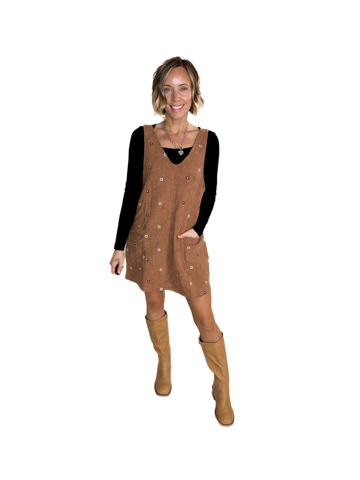 Posies Floral Embroidered Corduroy Jumper Dress- CARAMEL