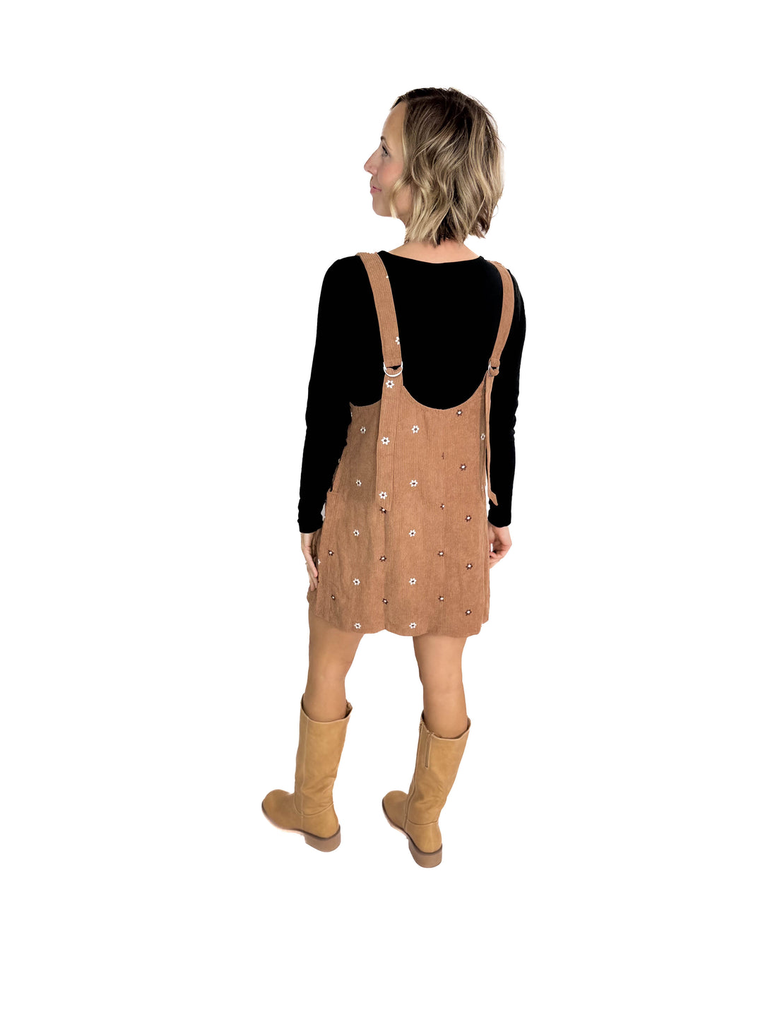 Posies Floral Embroidered Corduroy Jumper Dress- CARAMEL