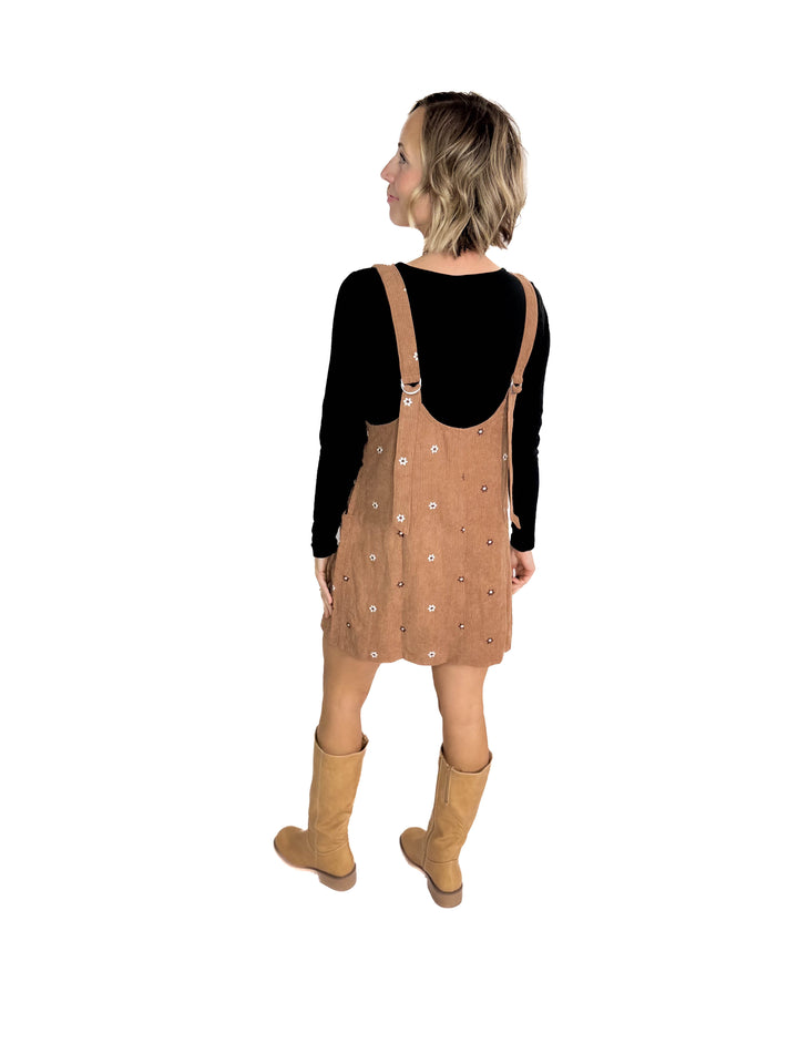 Posies Floral Embroidered Corduroy Jumper Dress- CARAMEL