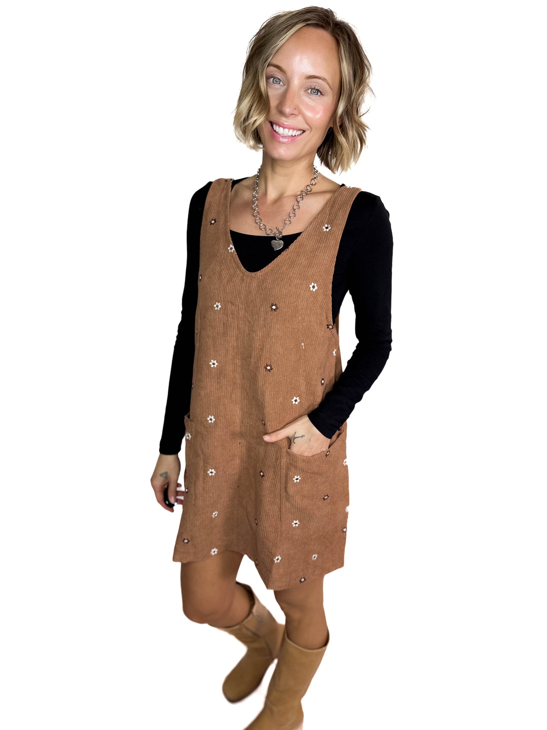 Posies Floral Embroidered Corduroy Jumper Dress- CARAMEL