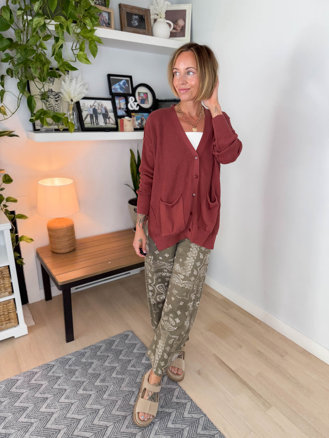 Charm Slouchy Button Cardigan-  REDWOOD