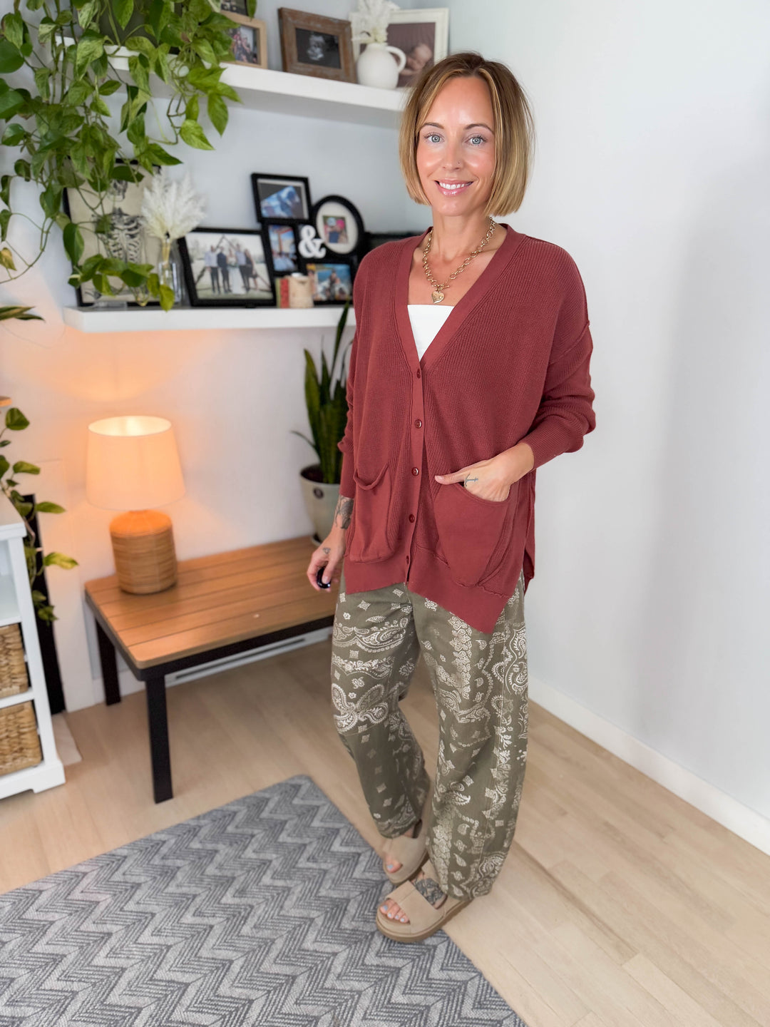 Charm Slouchy Button Cardigan-  REDWOOD