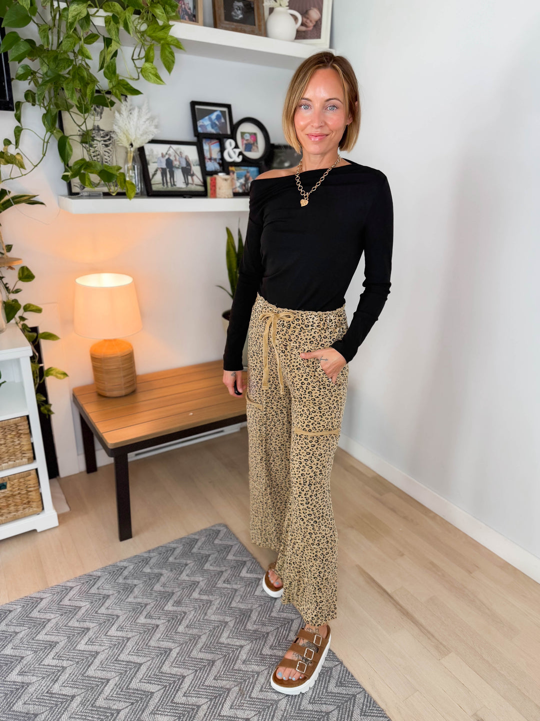 Ellie Cheetah Cotton Wide Leg Pant- CAMEL