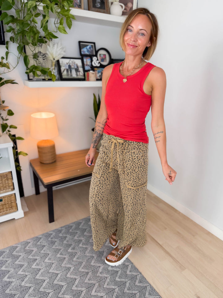Ellie Cheetah Cotton Wide Leg Pant- CAMEL