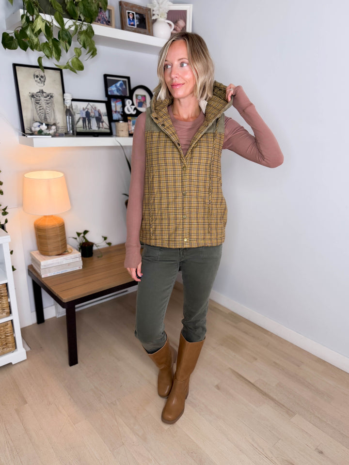 Dovie Quilted Cotton Hooded Vest- MUSTARD PLAID