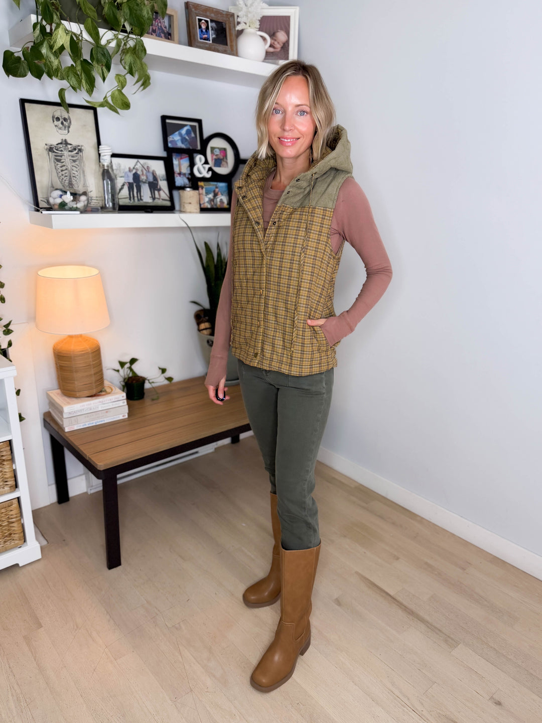 Dovie Quilted Cotton Hooded Vest- MUSTARD PLAID
