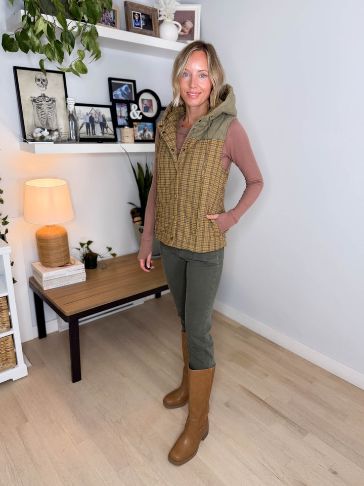 Dovie Quilted Cotton Hooded Vest- MUSTARD PLAID