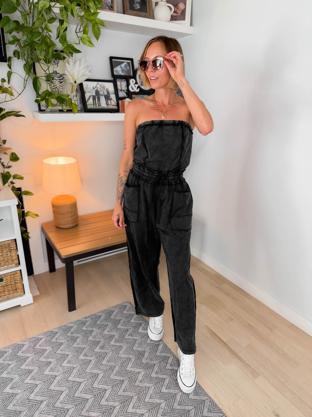 Beach Town Mineral Washed Strapless Jumpsuit- ASH BLACK
