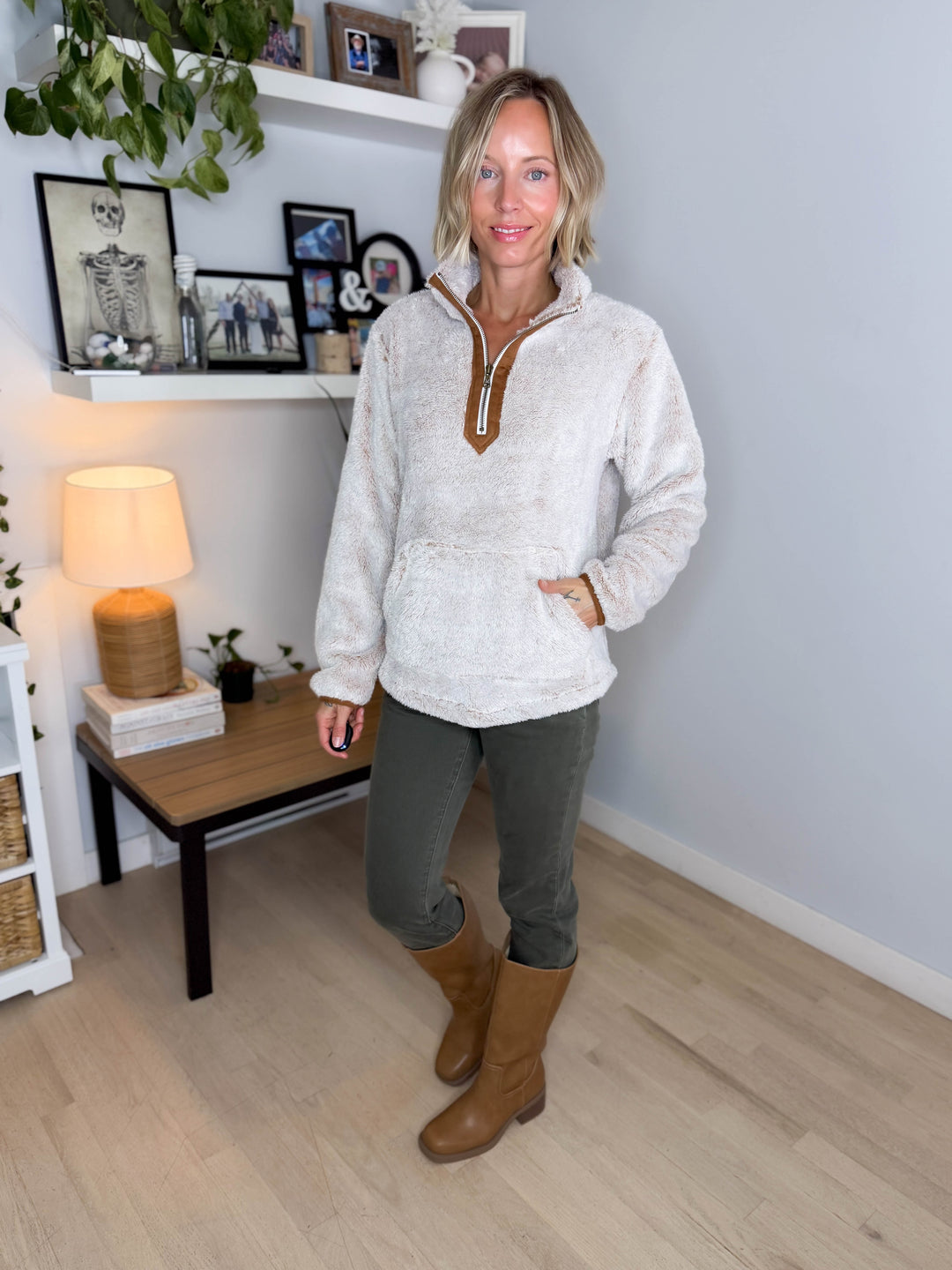 MICHELLE MAE Ryan 1/4 Zip Sherpa- CAMEL
