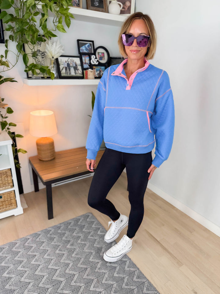 Teigan Quilted Snap Pullover- ROYAL BLUE/PINK