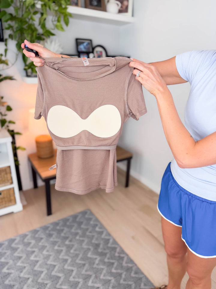 Mono B Melanie Ribbed Built In Bra Tee- HALOGEN BLUE