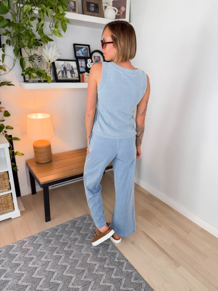 Tara Wide Leg Pants & Vest Top Cotton Set- LIGHT DENIM
