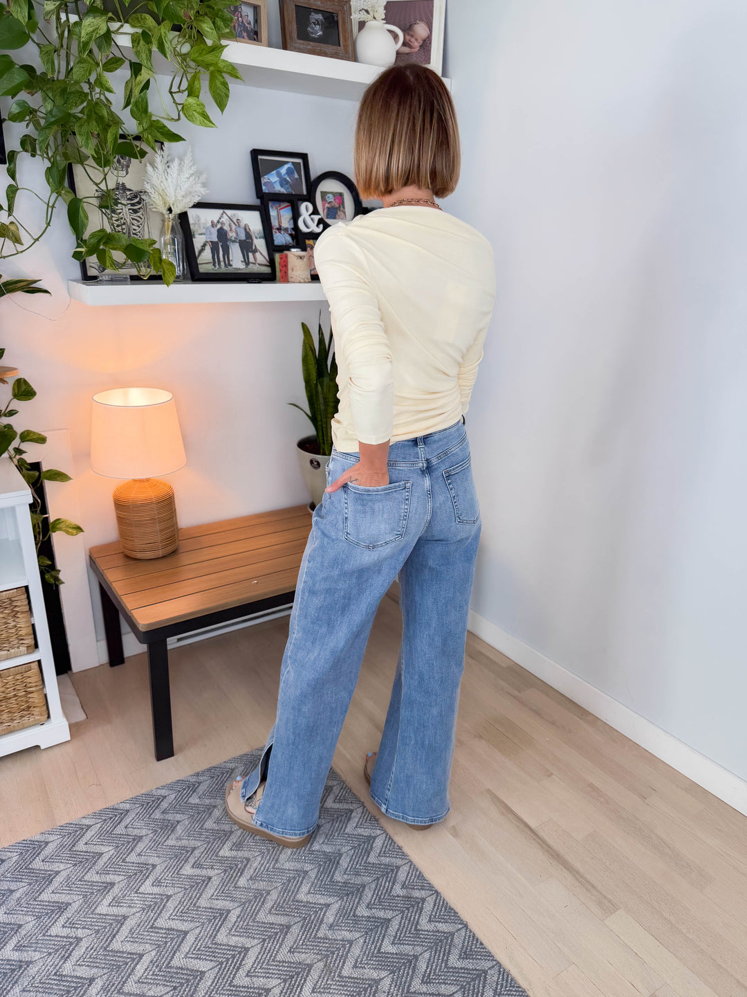 Gwen Tie Waist Wide Leg Slit Stretch Jean- MEDIUM DENIM