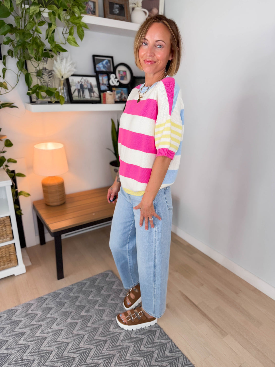 Feel Good Cotton Sweater Top- FUCHSIA/LEMON