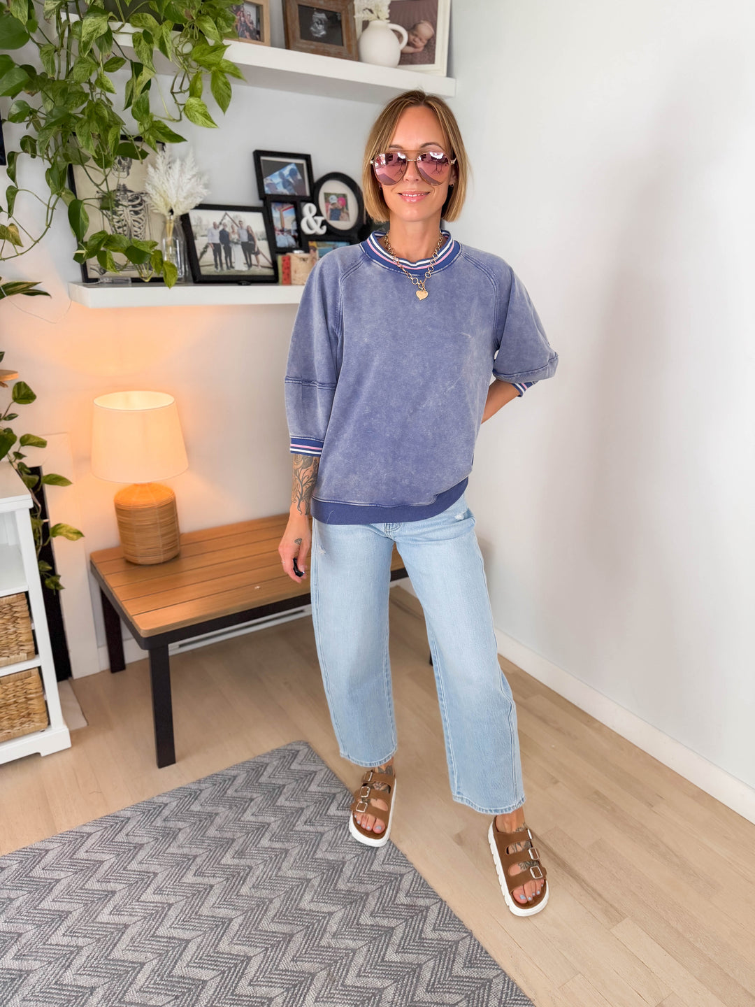 Alaina 1/2 Sleeve Pullover- WASHED DENIM