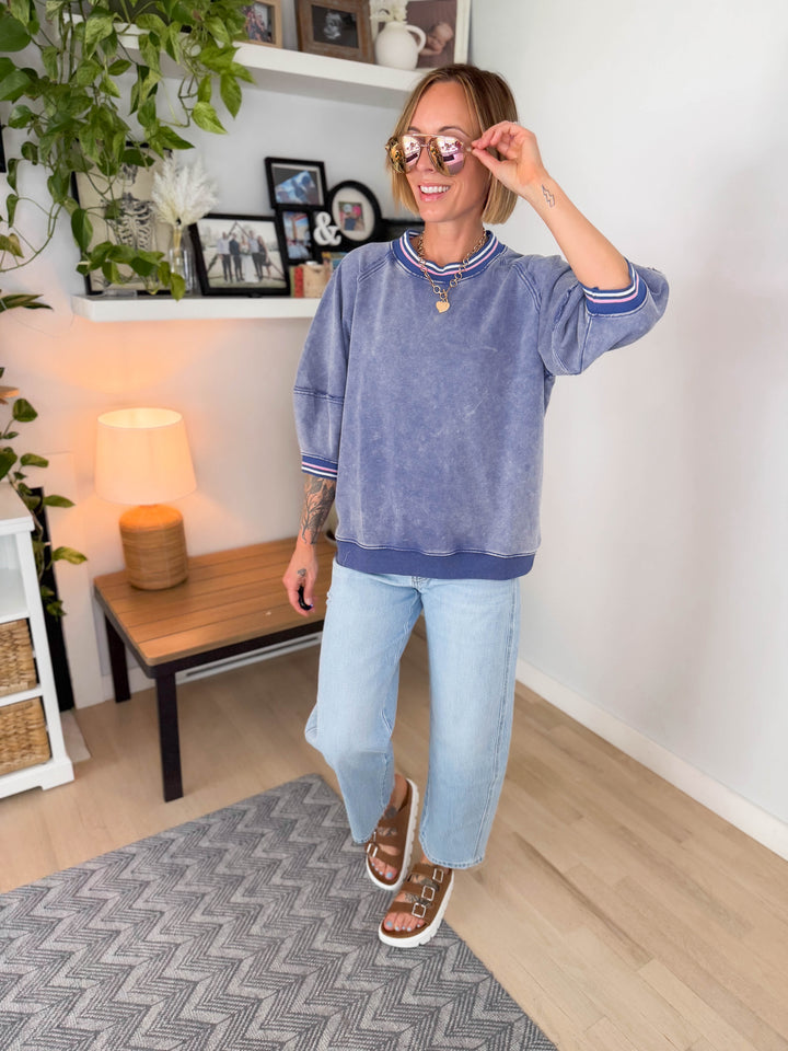 Alaina 1/2 Sleeve Pullover- WASHED DENIM