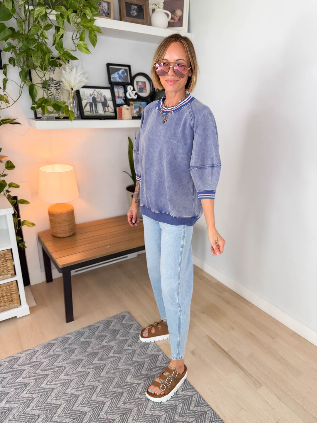Alaina 1/2 Sleeve Pullover- WASHED DENIM