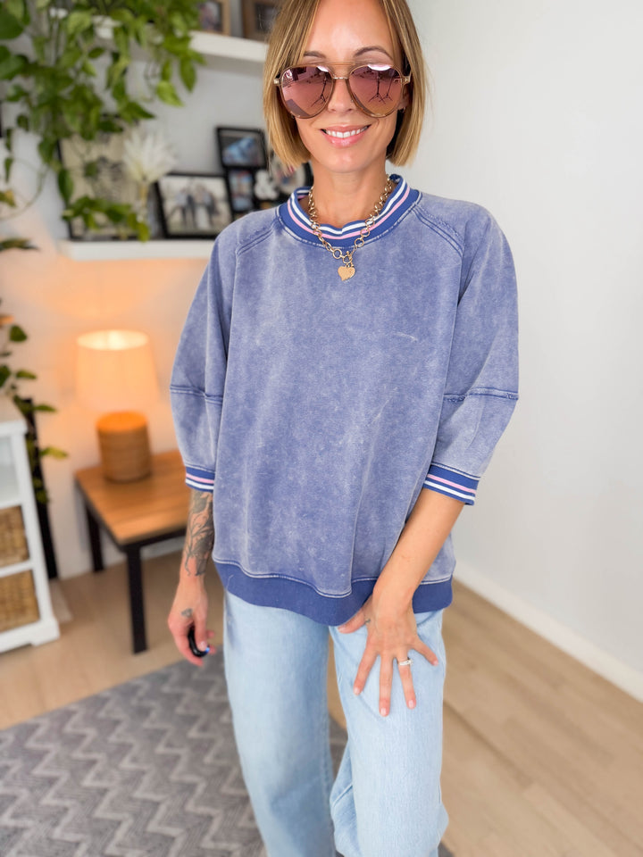 Alaina 1/2 Sleeve Pullover- WASHED DENIM