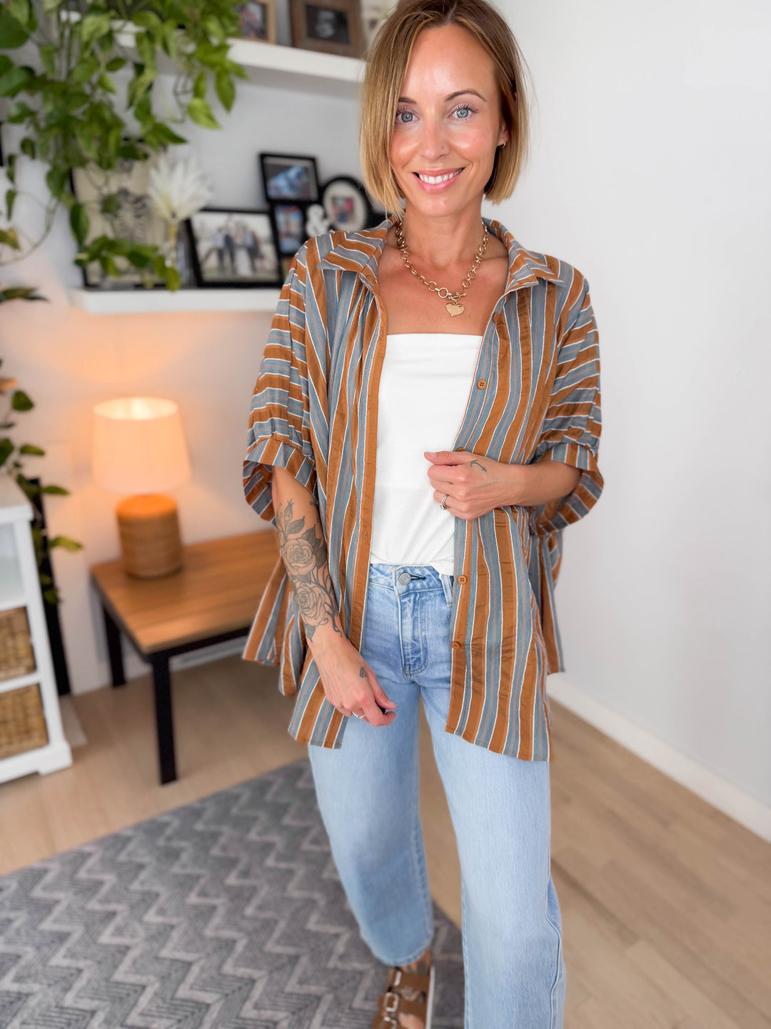 Ganiva Oversized Woven Blouse- CAMEL MULTI