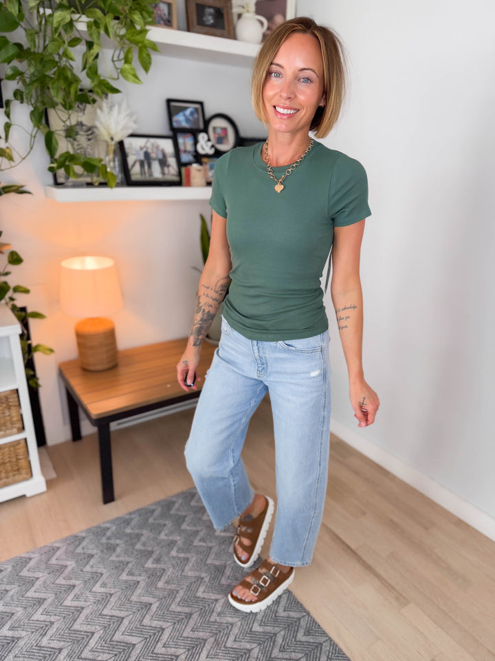 Mono B Melanie Ribbed Built In Bra Tee- SILKY PINE