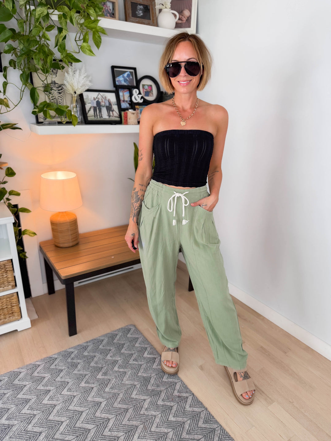 Shania Linen Blend Barrel Pant- SOFT OLIVE