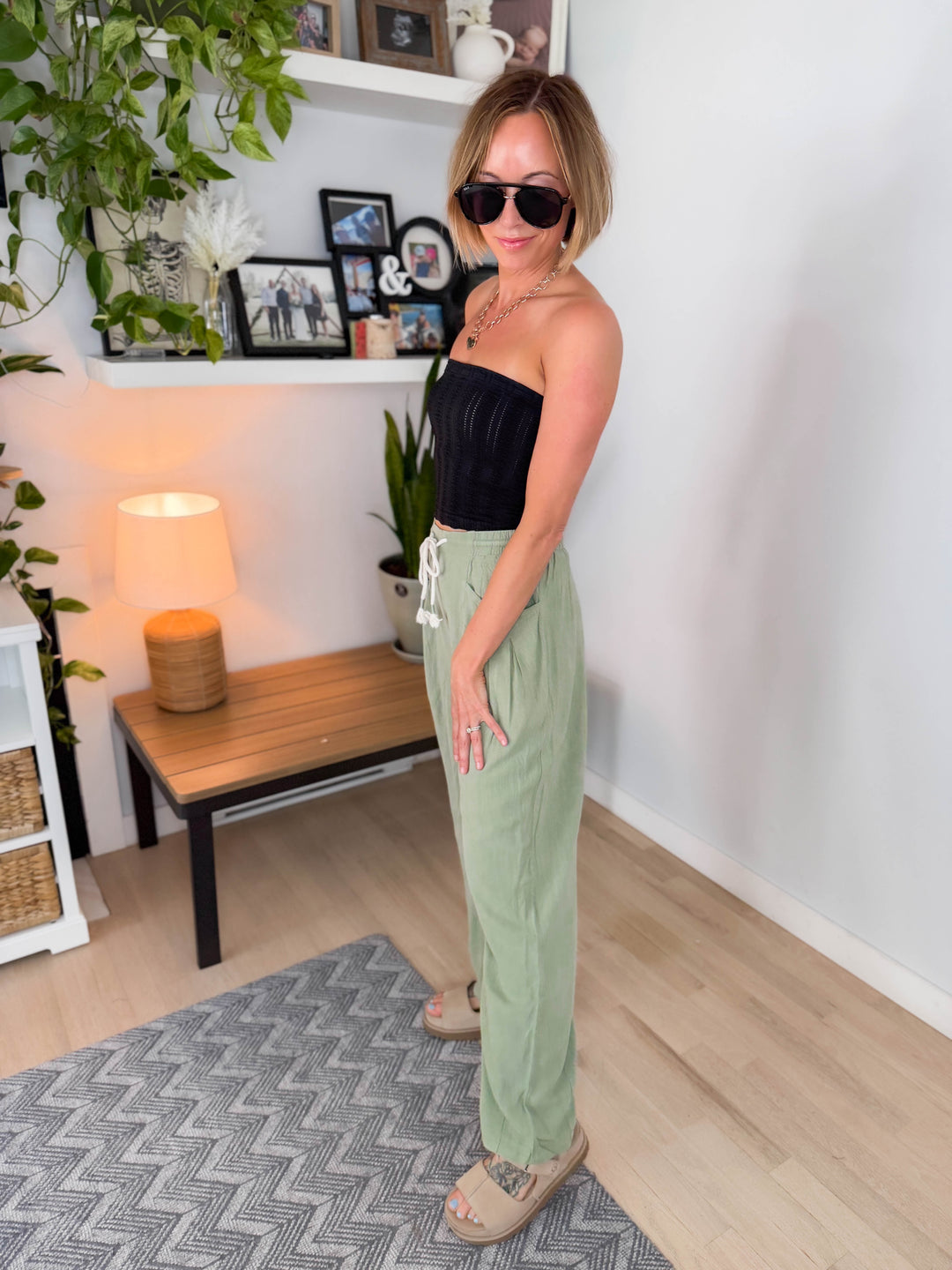 Shania Linen Blend Barrel Pant- SOFT OLIVE