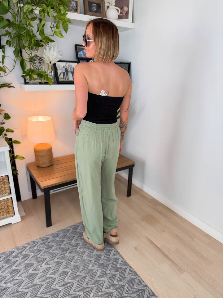 Shania Linen Blend Barrel Pant- SOFT OLIVE