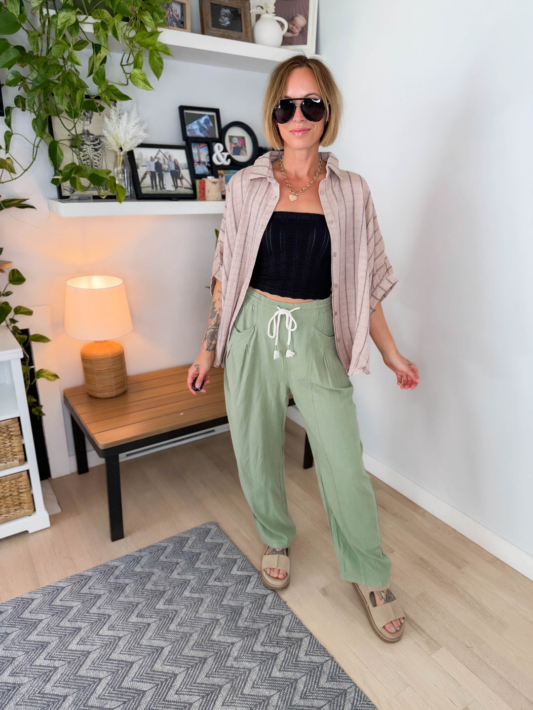 Farah Oversized Striped Cotton Blouse- LATTE