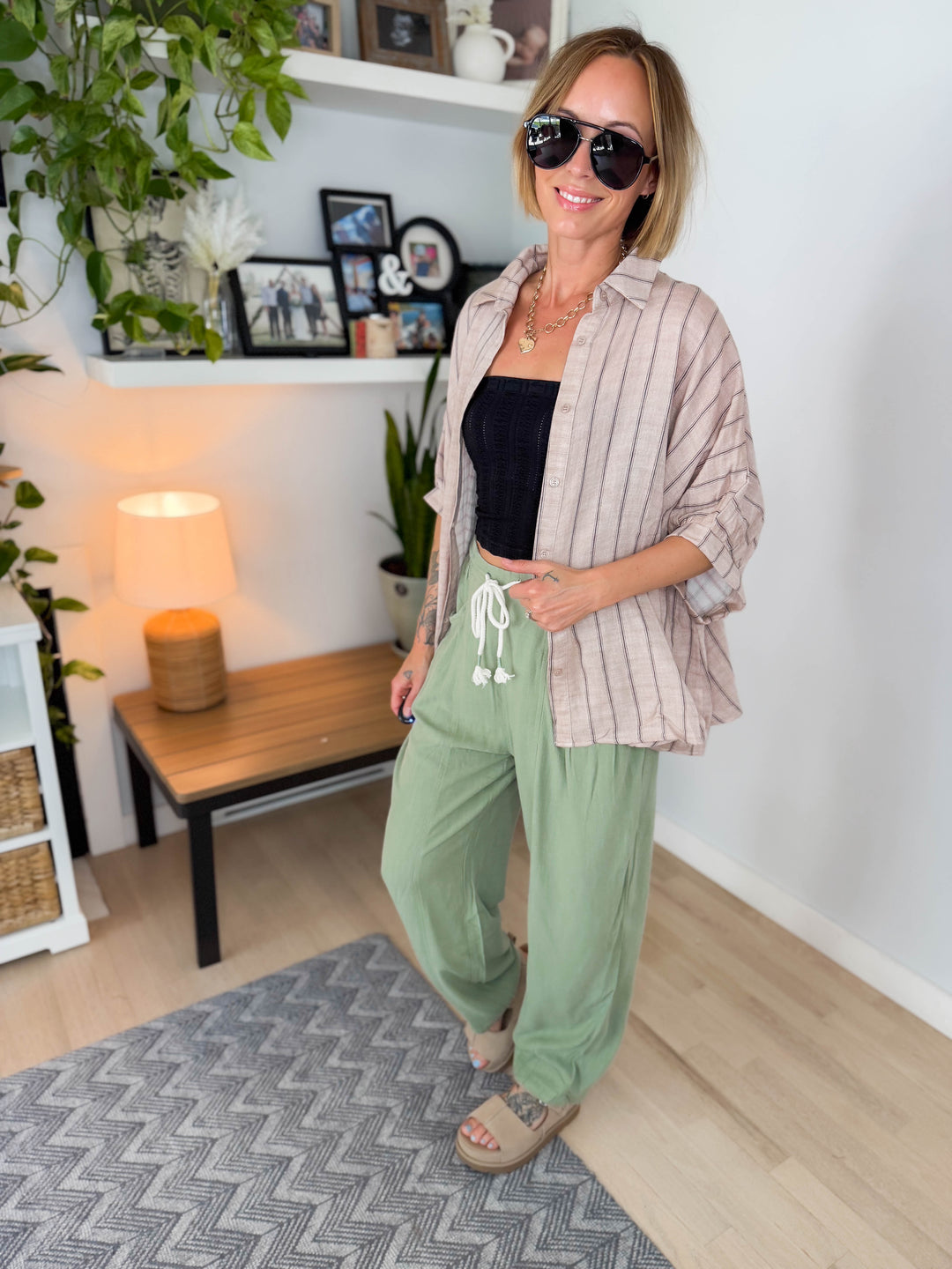 Farah Oversized Striped Cotton Blouse- LATTE