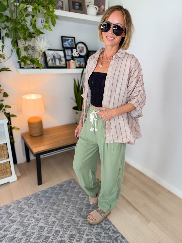 Farah Oversized Striped Cotton Blouse- LATTE