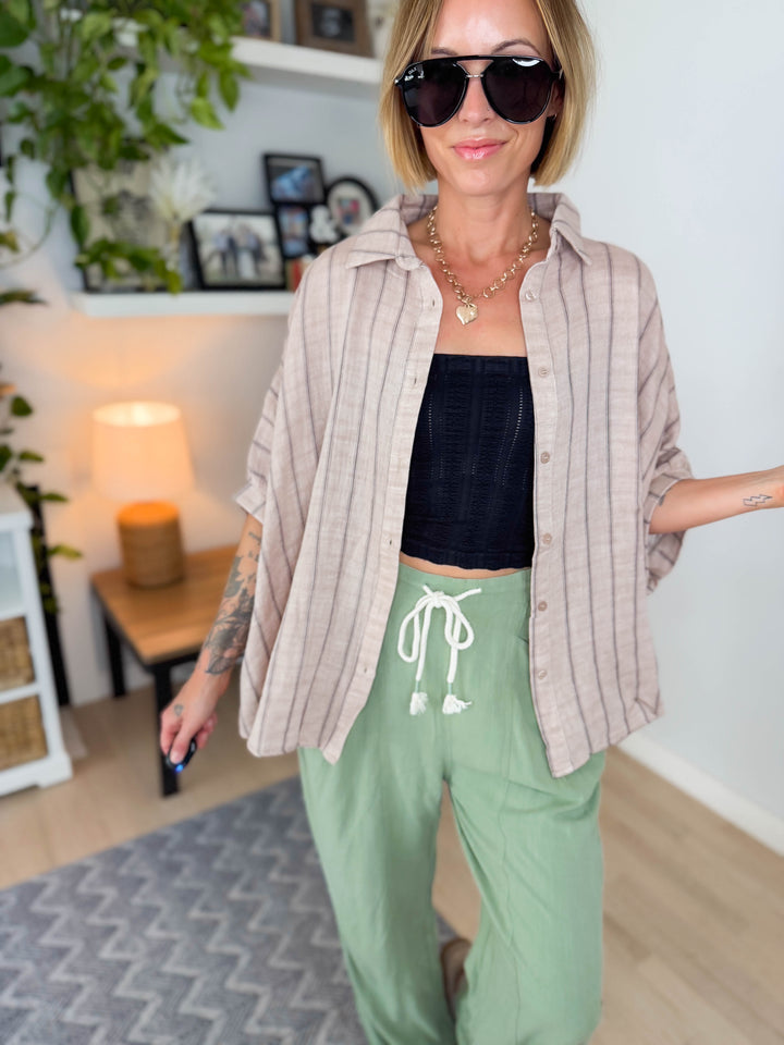 Farah Oversized Striped Cotton Blouse- LATTE