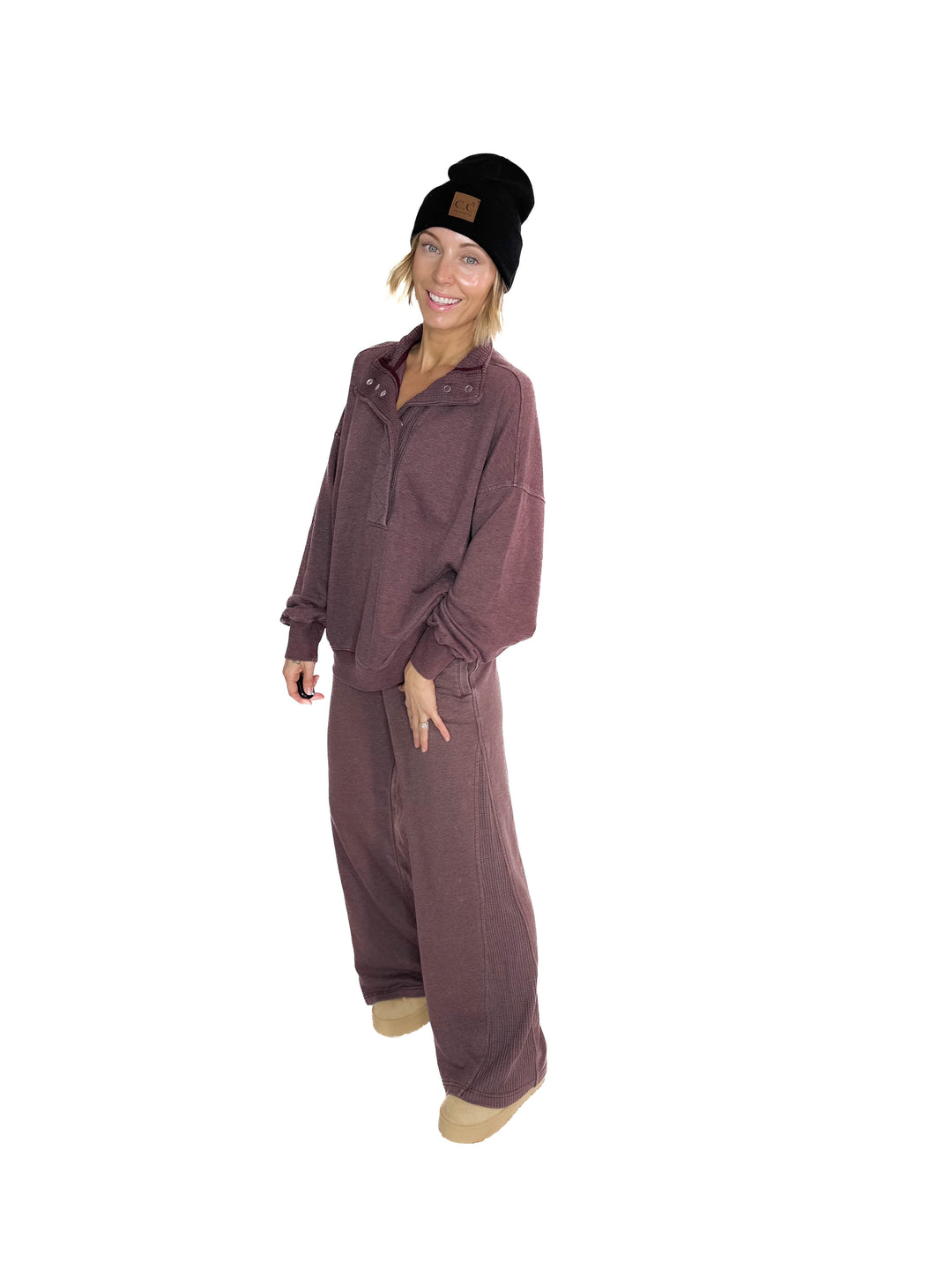 Margot Waffle Contrast Pant- DARK CHERRY