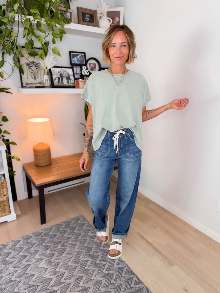 Senara Washed Cotton Cap Sleeve Tee- SAGE GREEN