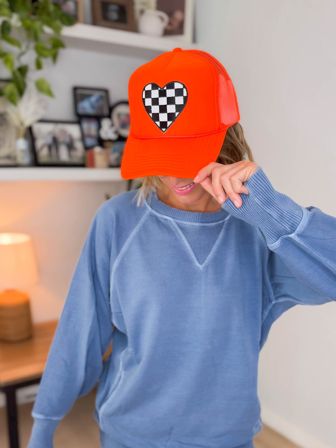 Checkered Heart Patch Trucker Hat- NEON ORANGE