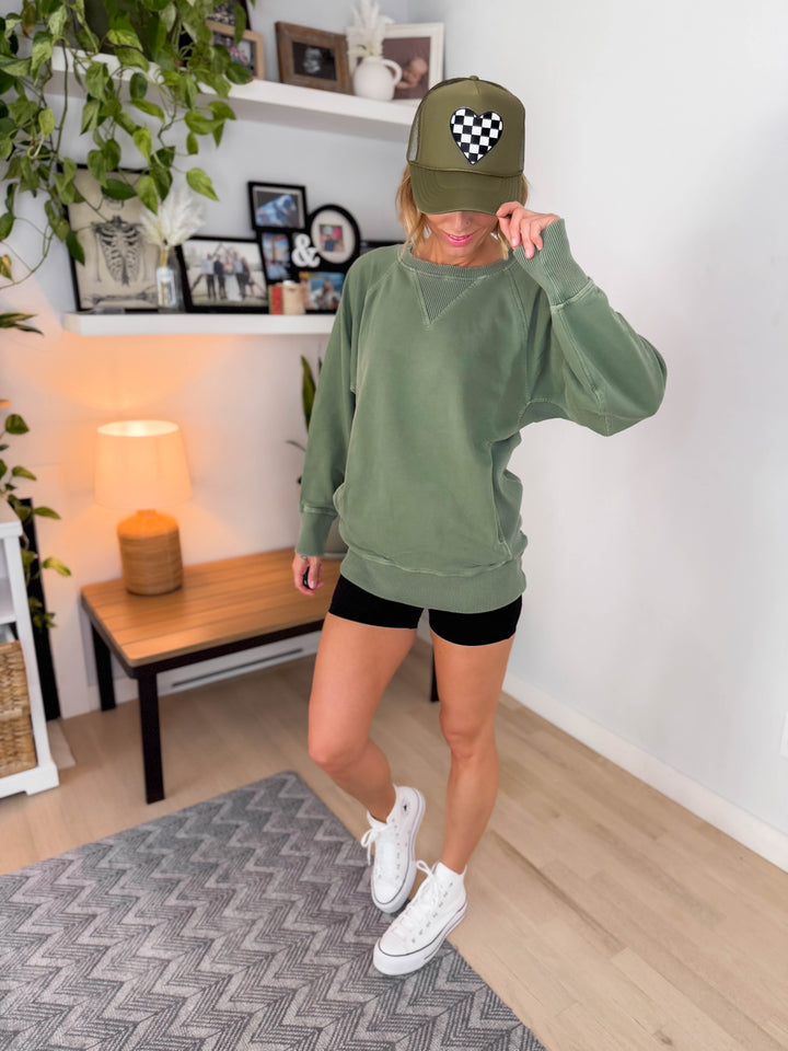 Checkered Heart Patch Trucker Hat- OLIVE GREEN