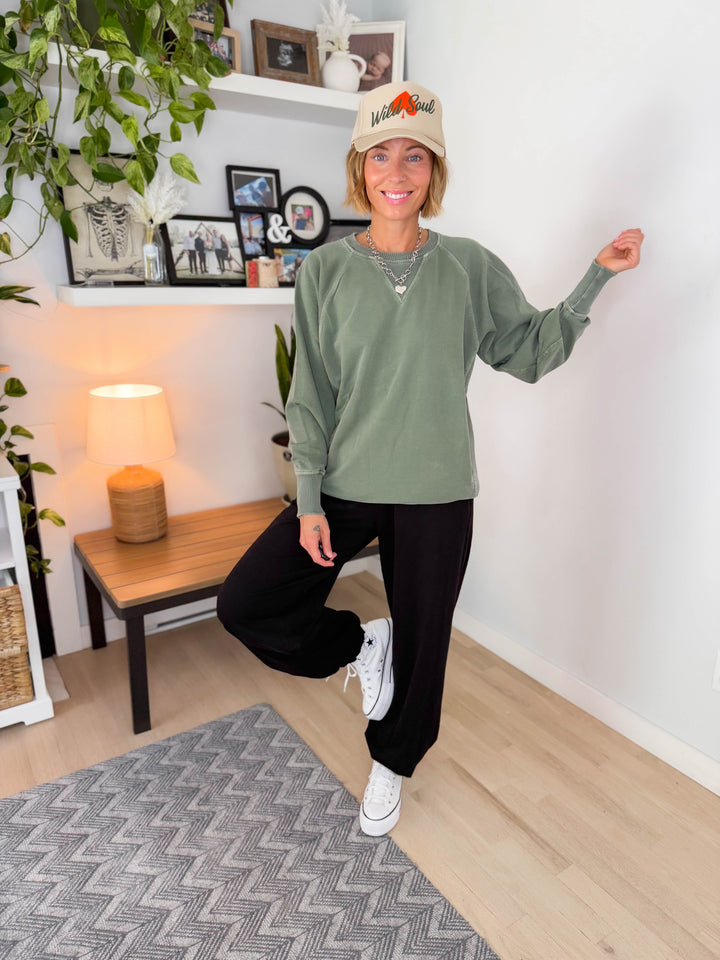 Juliet Washed Tunic Sweatshirt- ARMY GREEN