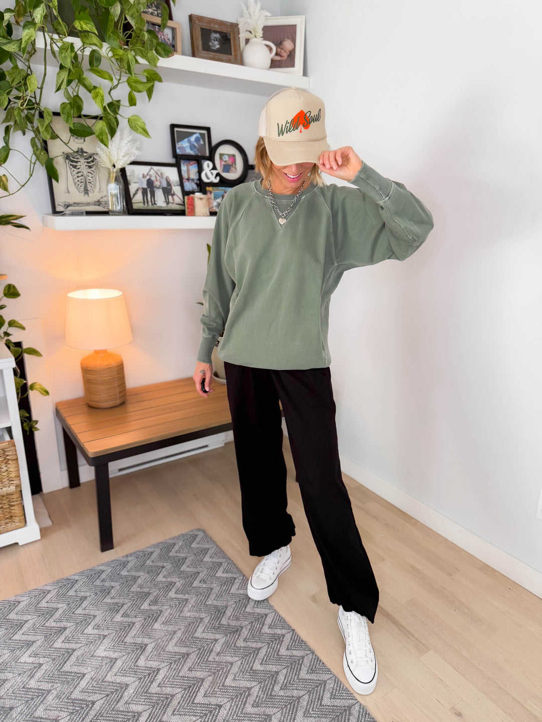 Juliet Washed Tunic Sweatshirt- ARMY GREEN