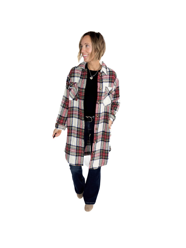 Mrs. Claus Plaid Shacket- RED MULTI