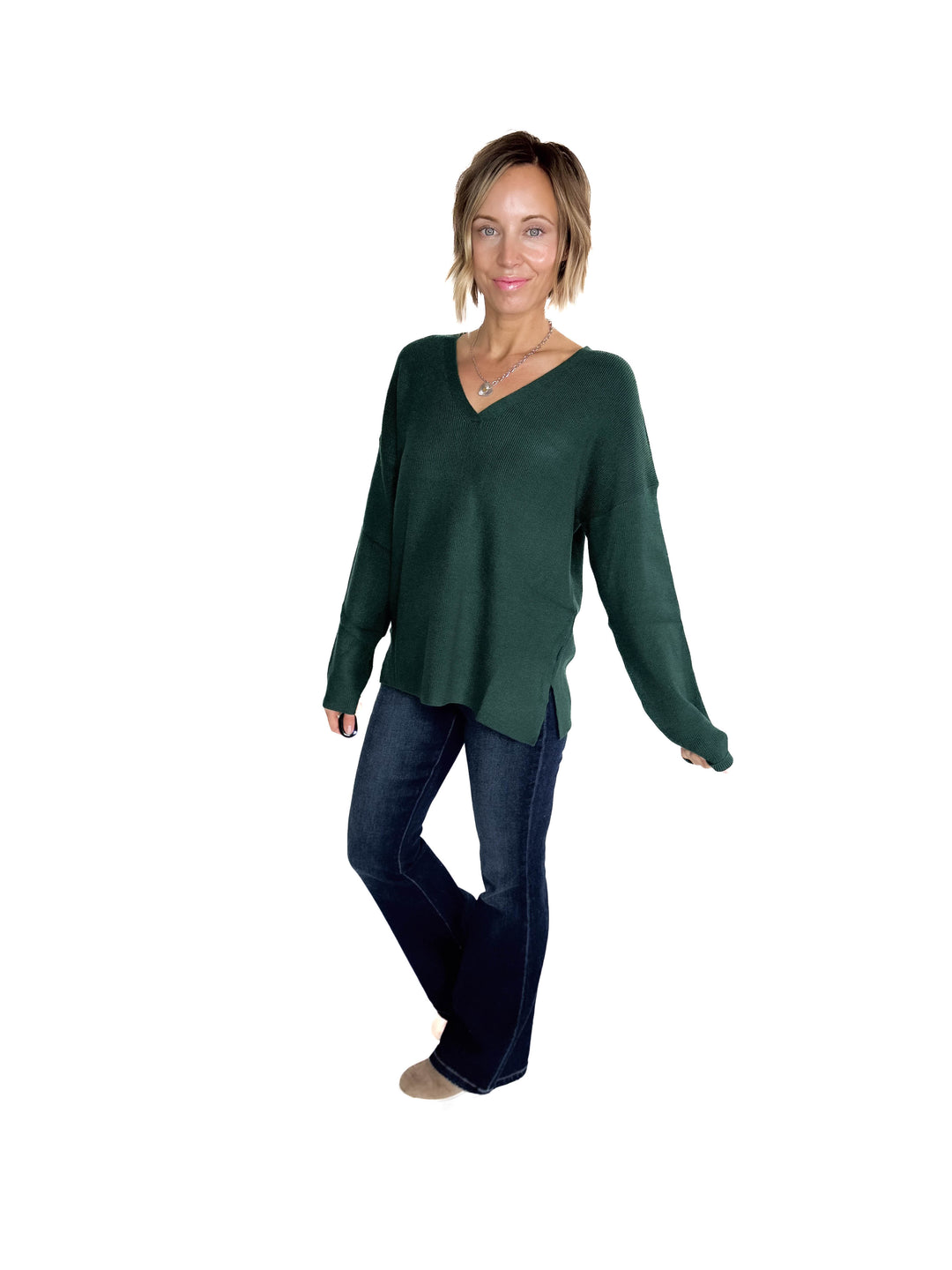 Jillian Knit V-Neck Drop Shoulder Sweater- TEAL GREEN