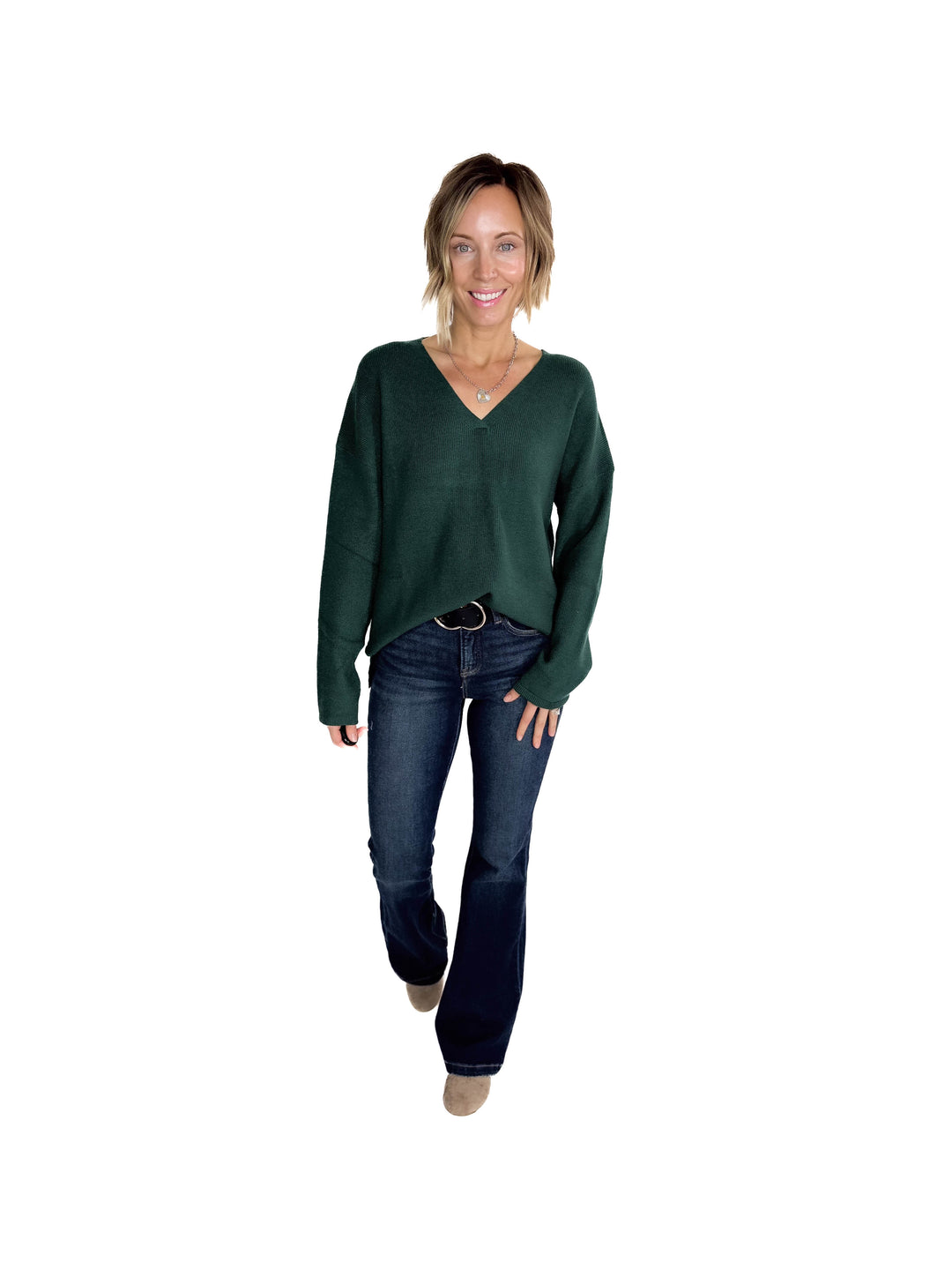 Jillian Knit V-Neck Drop Shoulder Sweater- TEAL GREEN