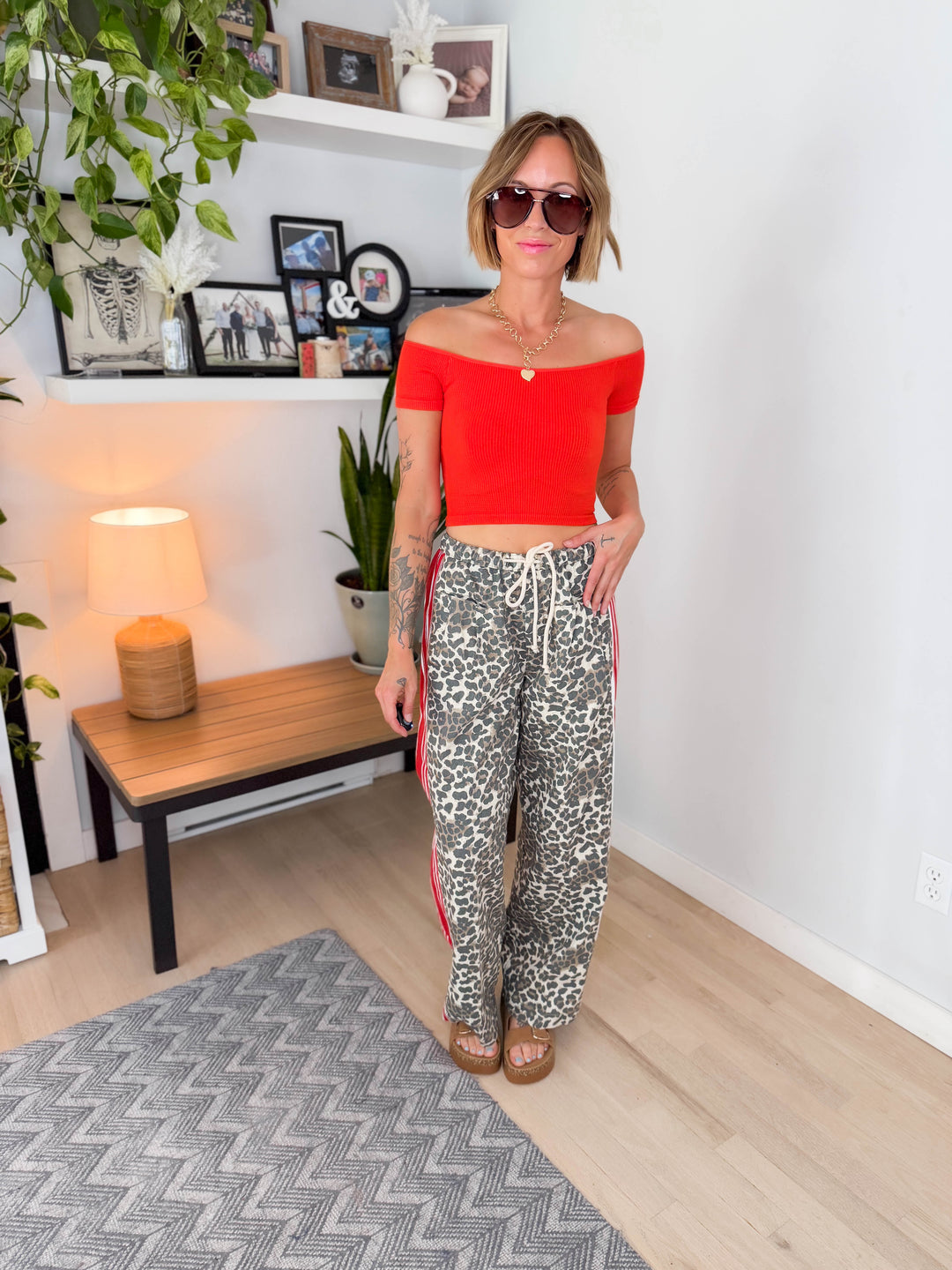 Coraline Heavy Cotton Drawstring Pant- LEOPARD/RED