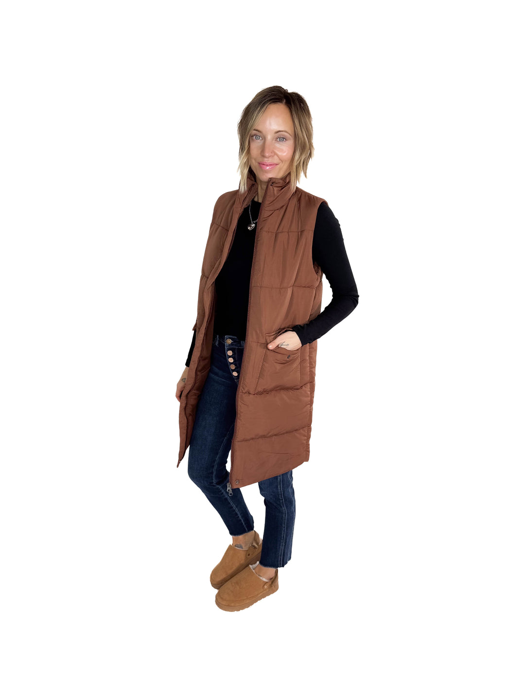 Remington Longline Puffer Vest- CAMEL BROWN