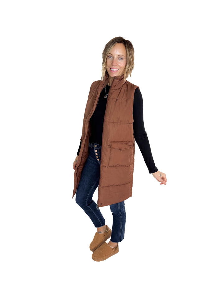 Remington Longline Puffer Vest- CAMEL BROWN