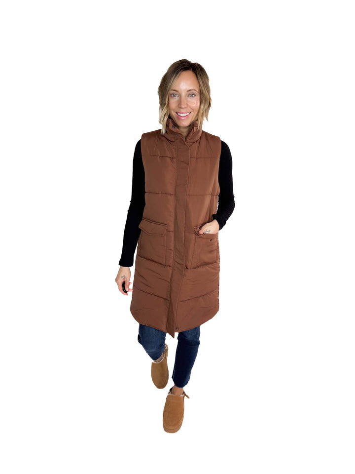 Remington Longline Puffer Vest- CAMEL BROWN