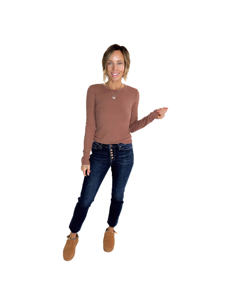 Beth Ribbed  Long Sleeve- RED BEAN-FINAL SALE
