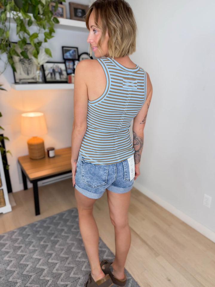 Coastal Charm Waffle Henley Tank- SKY/MOCHA STRIPE