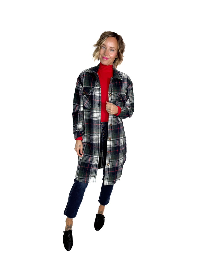 Mrs. Claus Plaid Shacket- GREEN MULTI