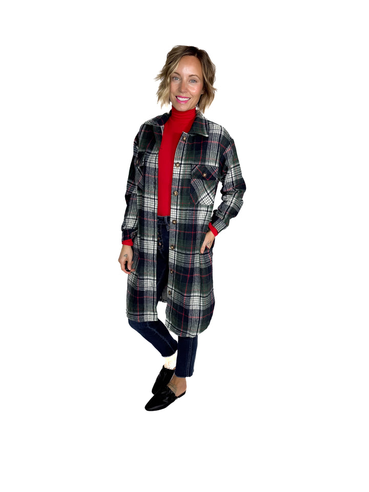 Mrs. Claus Plaid Shacket- GREEN MULTI