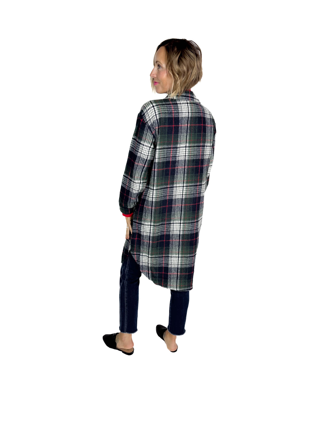 Mrs. Claus Plaid Shacket- GREEN MULTI