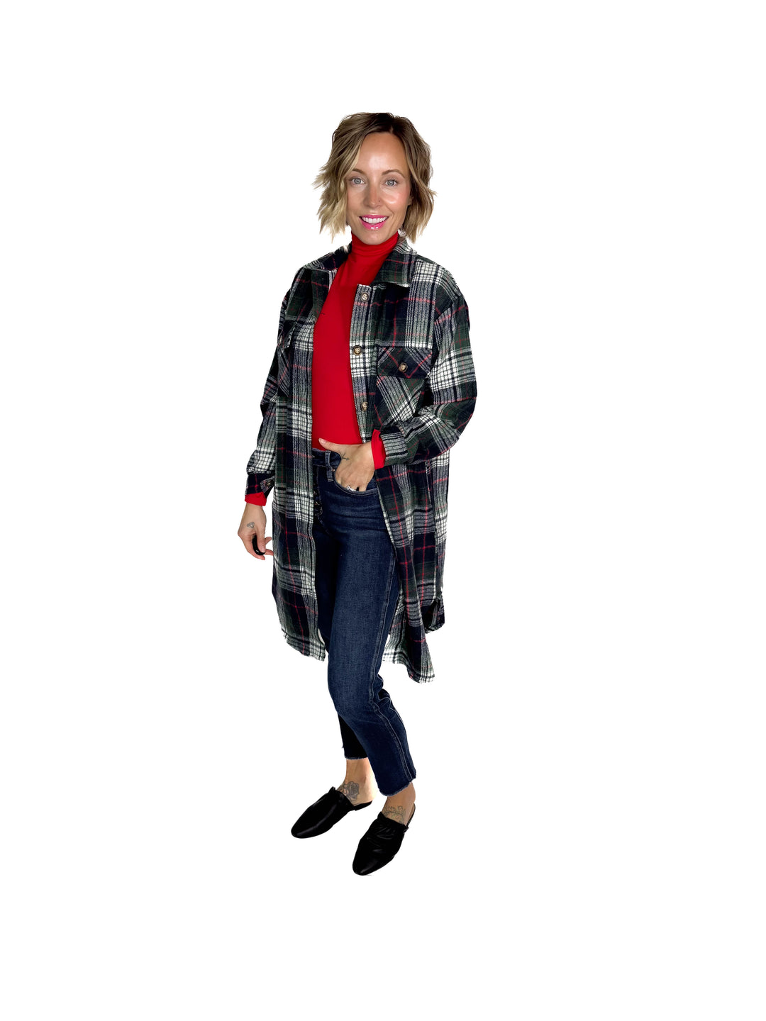 Mrs. Claus Plaid Shacket- GREEN MULTI